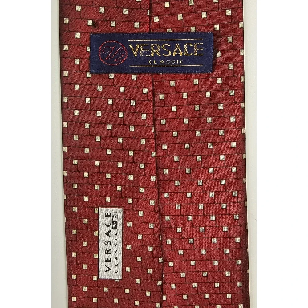 Versace Burgundy Red Geometric Silk Tie with White Dots